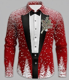 baratos -Natal Homens Fantasia de Natal Camisa de smoking estampada com gravata e terno Camisa Social camisa de botão Manga Longa Engraçado Ao ar livre Feriado Primavera Outono Aberto para a Lateral Impressão