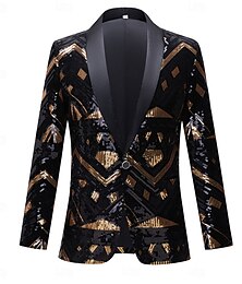 billige -Herre Blazer jakke Buet Mote Geometrisk Blazer Svart og Gull Slank Fasong Enkelt Brystet Enn-knapp