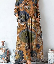 ieftine -Pentru femei Rochie Maxi Rochie de Vară Rochie plisata Vacanță Casual Boho Ieșire Plajă Grafic Imprimeu Paisley Manșon Lung În V Mov Maro Trifoi Gri Primăvară Toamnă Iarnă