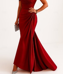 ieftine -Rochie de seară sirenă  trompetă roșie și neagră elegantă formală lungime până la podea fără mâneci fără bretele satin elastic cu volane