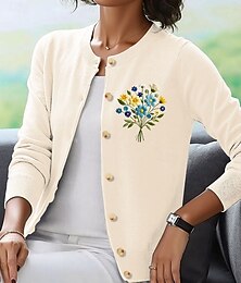 abordables -Femmes Cardigan Élégant ancien Quotidien Fleuri Graphique Côtelé Col ras du cou Boutons Tricoté manche longue Hauts Réguliers Tricoter Extérieur Maison Travail Noir Rouge Printemps Automne