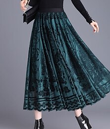abordables -Mujer Elegante Moda Maxi Alta cintura Faldas Floral Encaje Plisado Elástico Diario Calle Negro Rojo Verde Trébol Café Primavera