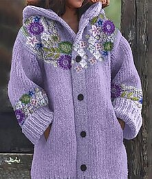 abordables -Femmes Cardigan Quotidien Occasionnel Fleuri Graphique Côtelé À capuche Avec Poches Boutons Imprimé manche longue Hauts Longs Tricoter Extérieur Week-end Violet Automne Hiver