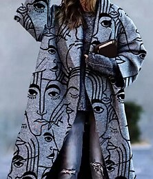 お買い得  -女性用 冬物コート コート 快適 高通気性 プリント 近代の カジュアル 幾何学模様 バケーション ストリート カジュアル デイリーウェア オープンフロント ロング 折襟 レギュラー 長袖 アウターウェア ホワイト ダークグリーン グリーン 春 秋