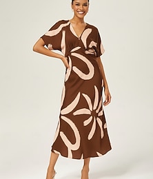 abordables -Robe longue pour femme, imprimé floral abstrait, en satin, col en V, manches chauve-souris, ceinture, élégante, vacances, printemps, été, automne