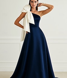 ieftine -Linia -A Rochii de seara Elegant Rochie formală Oficial Nuntă Lungime Podea Fără manșon Pe Umăr Buzunar Satin cu Strălucire Arc 2025
