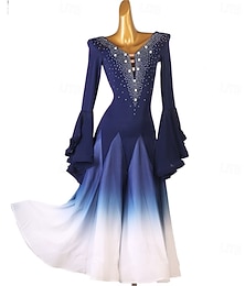 preiswerte -blaues Ombre-Tanzkleid für Damen mit Strass-Details, Glockenärmeln und ausgestelltem Rock – ideal für Latein, Tango und als Bühnenkleidung