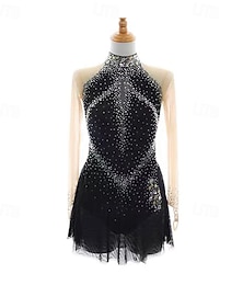 preiswerte -Eiskunstlaufkleid Damen Mädchen Eislaufen Kleid Schwarz Patchwork Daumenloch Spandex Netzstoff Dehnbar Training Übung Professionell Eiskunstlaufkleidung Thermowarm Kristall / Strass Langarm Eislaufen