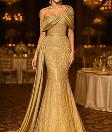 voordelige -Trompet / zeemeermin Tot de grond Baljurk met cape Avondjurken Formele kleding Elegant glinsterende Glitter Mouwloos Schouderafhangend Formeel Bruiloft Pailletten met Glitter