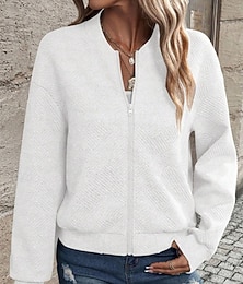 cheap -Women's Jacket Casual Jacket Comfortable Zipper Casual Solid Color Street Casual Daily Wear Going out Regular Crewneck Regular Fit Long Sleeve Outerwear Navy Black White Spring Fall