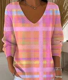 abordables -Femmes Pull Élégant Mode Streetwear Graphique Géométrique Plaid Col en V Tricoté manche longue Hauts Réguliers Tricoter Week-end Rose Claire Marron clair Printemps Automne