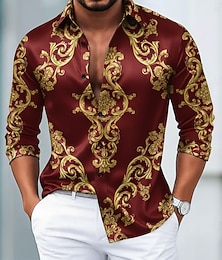 preiswerte -Herren Blumendruck Barock- Hemd Satinhemd Kleidhemd Langarm Vintage-Retro Urlaub Alltagskleidung Sommer Frühling Herbst Umlegekragen 3D-Druck Hemden mit Knopfleiste Schwarz Weiß Burgunderrot Blau