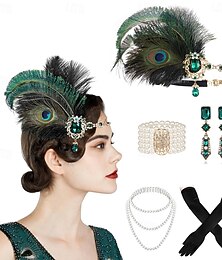 levne -Dámská sada šperků ve stylu Gatsby z 20. let 20. století - čelenka s pavím peřím, perlový náramek, náušnice, náhrdelník a rukavice pro vintage párty a večerní nošení.