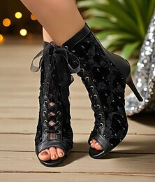 economico -stivaletti da donna con tacco alto, punta aperta e lacci - stivaletti neri sexy con tacco a spillo e motivo floreale in rete per outfit da festa e discoteca