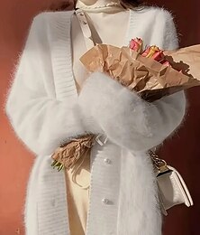 levne -Dámské Svetr Kardigan Elegantní Módní Šik ven Čistá barva Do V Kapsy Pletený Dlouhý rukáv Běžné topy Plést Venkovní Denní Víkend Bílá Podzim Zima