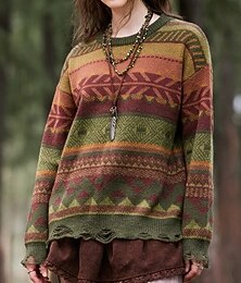 billiga -Dam Tröja Fair Isle tröja Streetwear Ledigt Geometrisk Ribbad Rund hals Stickat Långärmad Vanliga toppar Sticka Utomhus Dagligen Helgen Grön Höst Vinter