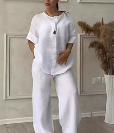 abordables -Femmes Élégant Mode Streetwear Ensembles en coton et lin manche longue Col ras du cou Couleur Unie Extérieur Occasionnel Quotidien Gris foncé Blanche Rose Claire Été Coupe Ample