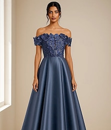 preiswerte -besticktes A-Linien-Abendkleid mit Blumenapplikation, elegantes Abendkleid, formelle Hochzeit, knielang, schulterfrei, Satin, 2025