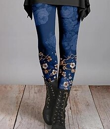 abordables -Femmes Leggings Vacances ancien Mode Longueur cheville Taille haute Fleuri Graphique Feuille Impression Chaleur Thermique Doux Respirant Élastique Vacances Rue Noir Rouge bleu marine Bleu Printemps