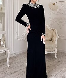 ieftine -Rochie de seară elegantă, cu cristale negre, stil couture, model sirenă / trompetă, model teacă / coloană, rochie de seară formală, lungime la podea, mânecă lungă, decolteu înalt, crep elastic, spate