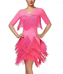 ieftine -Rochie de dans latino cu franjuri și strasuri, rochie de dans latină pentru femei, rochii cu ciucuri și ciucuri în straturi, costum de dans salsa