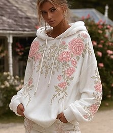 olcso -Női Pulóver Hoodie pulóver Virágos Grafika Elegáns Meleg Aktív Hosszú ujj Kapucni Normál felsők Utca Hétköznapi Sport Kollázs Nyomtatott Fehér Tavasz Ősz Tél