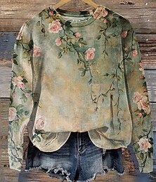 baratos -Mulheres Moletom Floral Gráfico Moda Casual Manga Longa Gola Redonda Tops regulares Rua Dia a Dia Casual Imprimir Azul Verde cáqui Primavera Outono Inverno