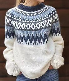 billiga -Dam Tröja Fair Isle tröja Mode Streetwear Ledigt Geometrisk Ribbad Rund hals Stickat Långärmad Vanliga toppar Sticka Utomhus Dagligen Helgen Vit Rodnande Rosa Höst Vinter