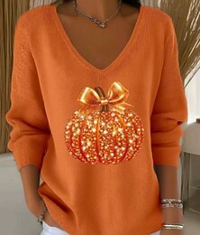 abordables -Pull pour Femme Halloween Décontracté Doux Côtelé Col V Tricoté Manches Longues Tops Normaux Tricot Extérieur Quotidien Noir Orange Automne Hiver