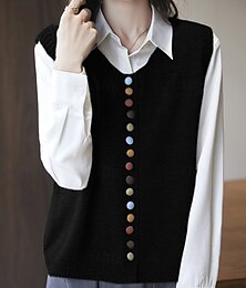 Недорогие -Жен. Вязаная ткань Свитер жилет Уличный стиль На каждый день Сплошной цвет Вырез под горло Пуговицы Трикотаж Без рукавов Обычные топы Вязать Повседневные Праздники На выход Черный Красный Осень Зима