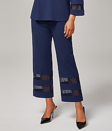 baratos -Calça cropped modal azul escuro feminina com bainha de chiffon transparente, cintura elástica, caimento solto, confortável, estilosa, para o dia a dia, trabalho, outono