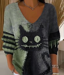 abordables -Femmes Pull Mode Streetwear Occasionnel Graphique Monstre Col en V Floral Tricoté manche longue Hauts Réguliers Tricoter Extérieur Orange Vert Automne Hiver