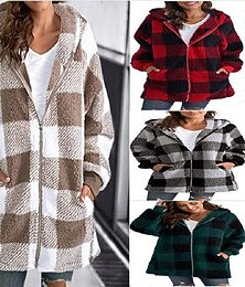 preiswerte -Damen Fleecejacke Freizeitjacke Kapuzenjacke Bequem Atmungsaktiv Reißverschluss Tasche Druck Lässig Karomuster Urlaub Straße Lässig Alltagskleidung Reisverschluss Lang Mit Kapuze Lässiger Schnitt