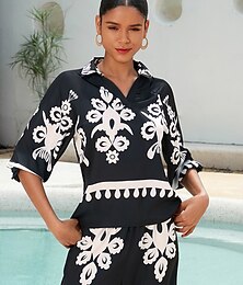 economico -Top da donna in raso, maniche raglan, mezza manica, moderno, con revers, nero, stampa, casual, quotidiano, primavera estate autunno