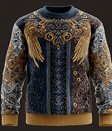 preiswerte -Herren Wikinger Pullover Strickware Rundhalsausschnitt Retro Vintage Lässig Urlaub Täglich 3D-Druck Stricken warm halten Langarm Frühling Herbst Winter Blau Braun Grün