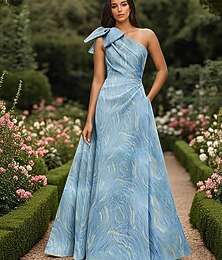 voordelige -A-lijn Tot de grond Avondjurken Baljurk  Formele kleding Elegant Celebrity-Stijl Mouwloos Eén-schouder Formeel Bruiloft Satijn Blote Rug met Strik(ken) Plooien