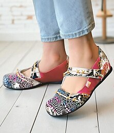preiswerte -Damen-Mary-Jane-Ballerinas aus echtem Leder mit farbenfrohem Kunstdruck und Doppelriemen – bequeme Alltagsschuhe für Arbeit, Reisen und Freizeit