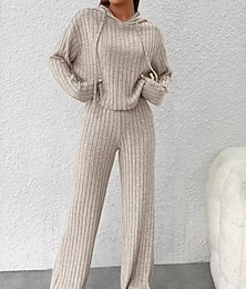 baratos -Mulheres Moda Roupa de rua Conjuntos de calças Bolero Top Manga Longa Com Capuz Côr Sólida Ao ar livre Trabalho Casual Preto Roxo Verde Outono Ajuste Largo