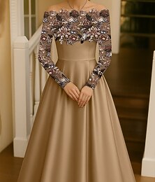 abordables -Ligne A Robe de Soirée Élégant Robe de soirée Formel Mariage Longueur thé manche longue Épaules Dénudées Satin Extensible avec Paillettes Appliques 2025