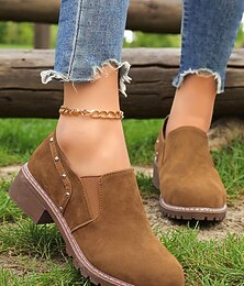 abordables -Chaussures à enfiler marron clair pour femmes avec détails cloutés, chaussures à talons bas de style rétro décontracté pour un usage quotidien