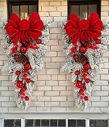 ieftine -Coroană de Crăciun suspendată cu fundă roșie și frunze verzi, ornament elegant pentru scări și uși, plastic durabil pentru decor interior și exterior de sărbători, perfect pentru Crăciun, nunți,