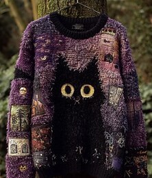 billiga -Halloween Kvinno Tröja Svart Katt Mönster Söt Streetwear Avslappnad Grafik Djur Crew Neck Patchwork Stickad Lång Ärmar Regular Toppar Stickad Arbete Lila Orange Höst Vinter