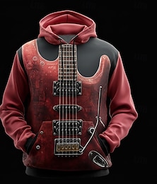 abordables -Homme Illusion d'optique Guitare Sweat à capuche Sweatshirt Mode Frais Col ras du cou Maison Soirée Vêtements de rue Rouge Orange Cordon de serrage Automne Hiver Designer