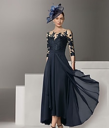 preiswerte -A-Linie Cocktailkleider Elegantes Kleid Hochzeitsgast Asymmetrischer 3/4-Länge Ärmel Juwel-Ausschnitt Stretch-Satin mit Applikationen kostenlose Maßanfertigung