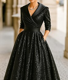 abordables -Robe smoking noire à paillettes, coupe trapèze, asymétrique, en satin, élégante, manches longues, longueur thé, mi-longue, col châle, fermeture éclair
