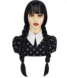 economico -Parrucca nera con frangia e lunghe trecce per donne e ragazze parrucca per cosplay della Famiglia Addams