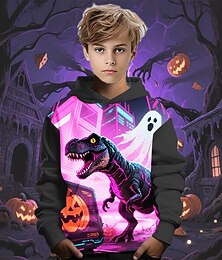 abordables -Víspera de Todos los Santos Chico 3D Calabaza Dinosaurio Fantasma Sudadera Manga Larga Primavera Otoño Moda Ropa de calle Niños 4-12 años Con Capucha Exterior Casual Diario Ajuste regular