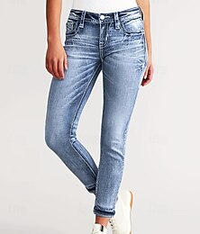 abordables -Femmes Jeans Chinos Vacances ancien Streetwear Longueur complète Taille moyenne Uni Broderie Avec Poches Taille Élastique Confortable Micro-Élastique Vacances Rue Quotidien Bleu de minuit Bleu ciel