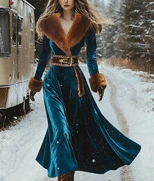 preiswerte -Damen Maxikleid A Linie Kleid Lässig Täglich Normale Passform Einfach Ethnisch Langarm V Ausschnitt Blau Herbst Winter