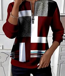 お買い得  -女性用 プルオーバースウェットシャツ ジップアップスウェットシャツ グラフィック 幾何学模様 カラーブロック ファッション カジュアル 長袖 クルーネック レギュラートップス ストリート 日常着 パッチワーク ジッパー プリント ワイン 秋 冬